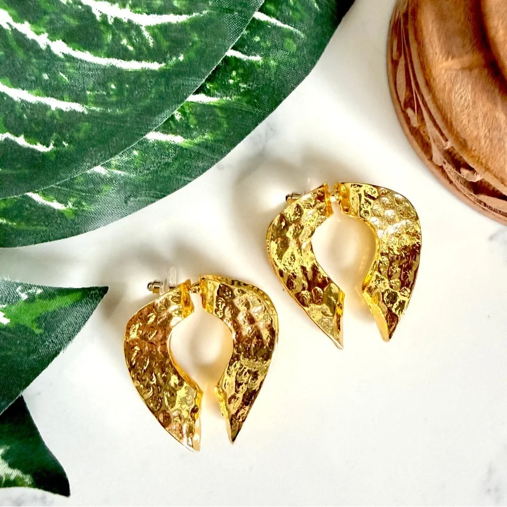 2/$30🌵 Gold Tone Curved Organic Shape Earrings Double Sided Unique Jewelry NEW